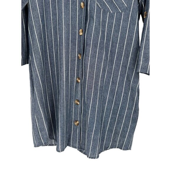 Entro Button Front Sheath Dress Size M Blue White Striped Chambray Roll Tab - Picture 15 of 16